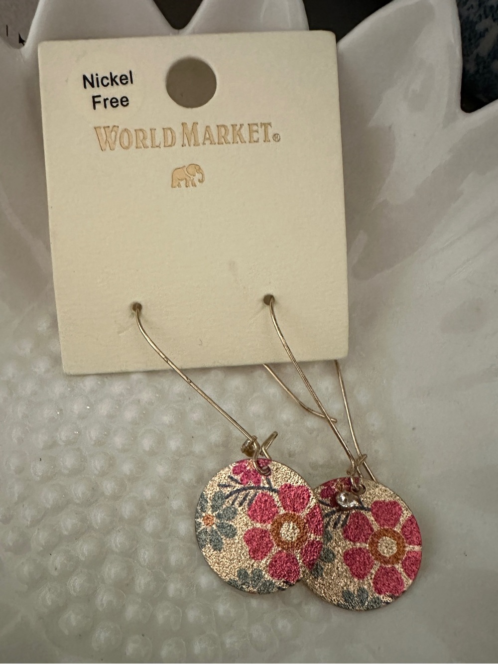 Cost Plus World Market Pink and Gold Floral Disc Drop Earrings
